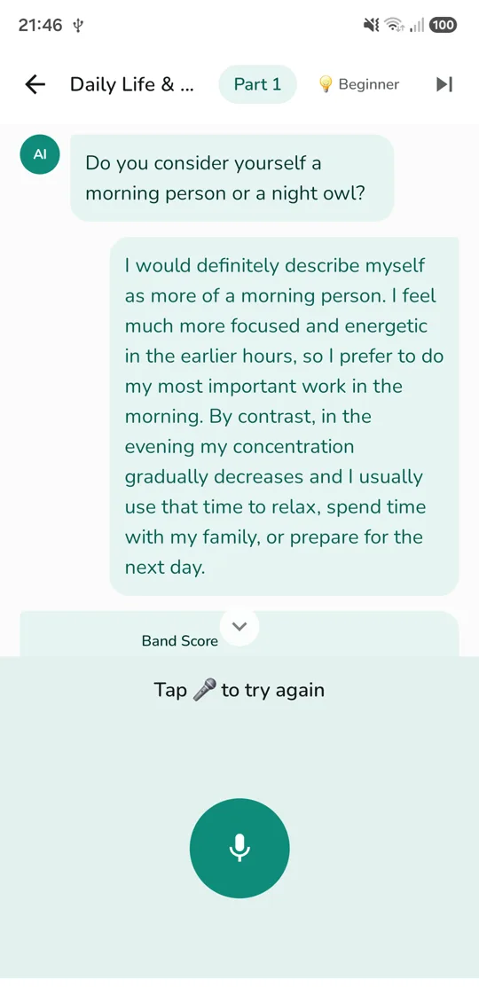 Speakband conversation screen showing a Part 1 question and the record button